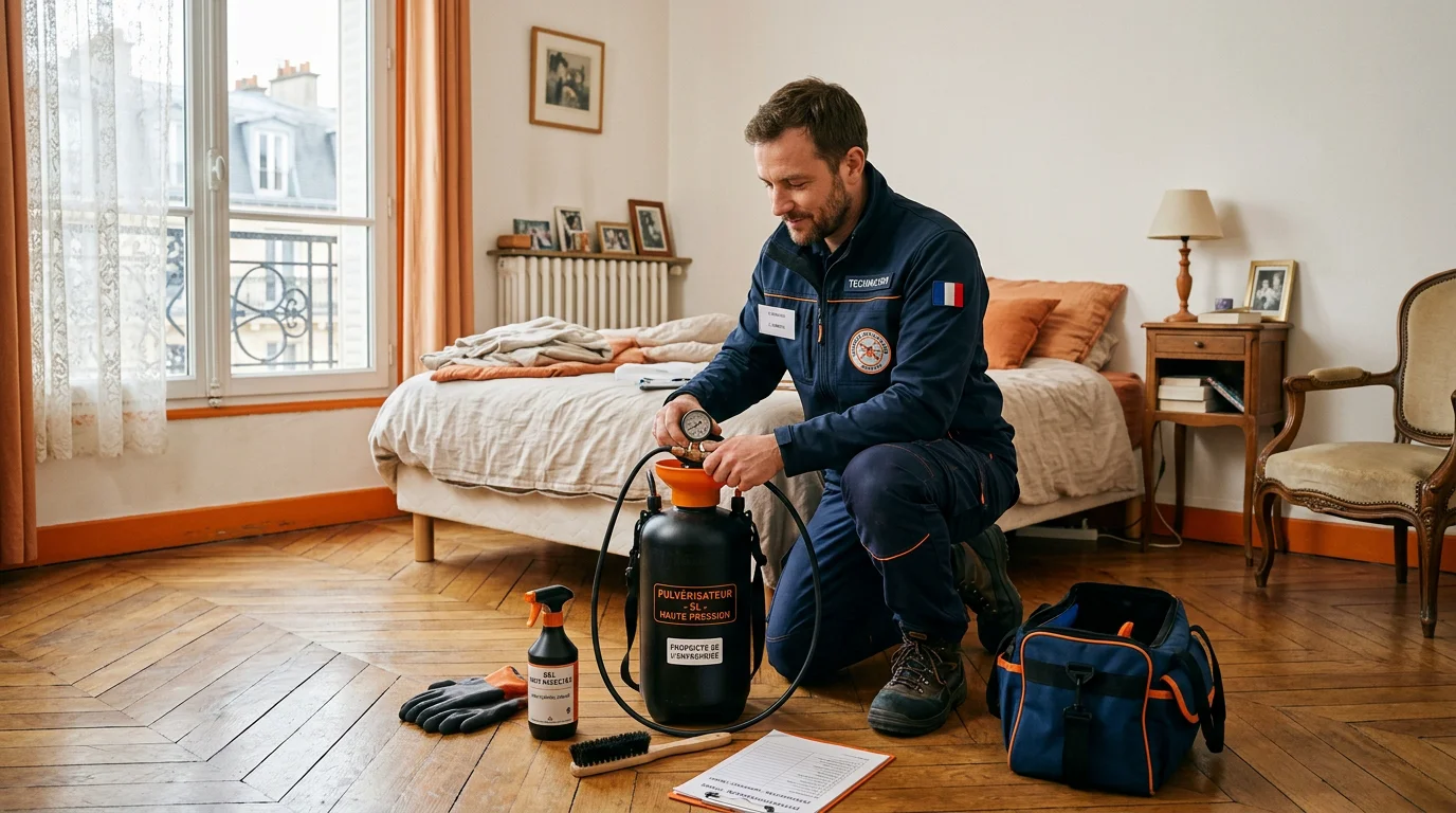 Technicien certifié préparant un traitement contre les punaises de lit dans un appartement
