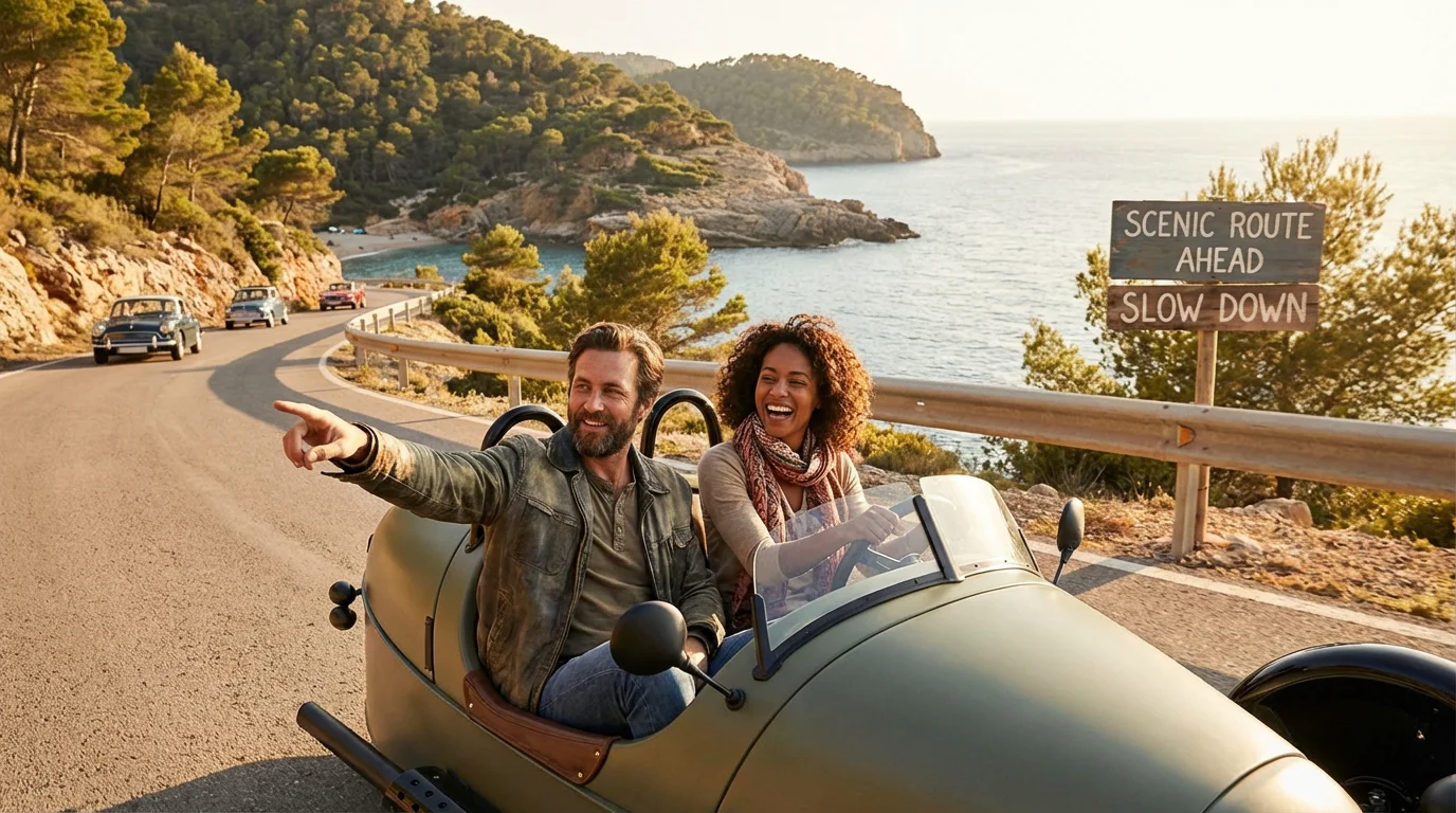 Couple enjoying a scenic three-wheeled vehicle ride along the Costa del Sol coast