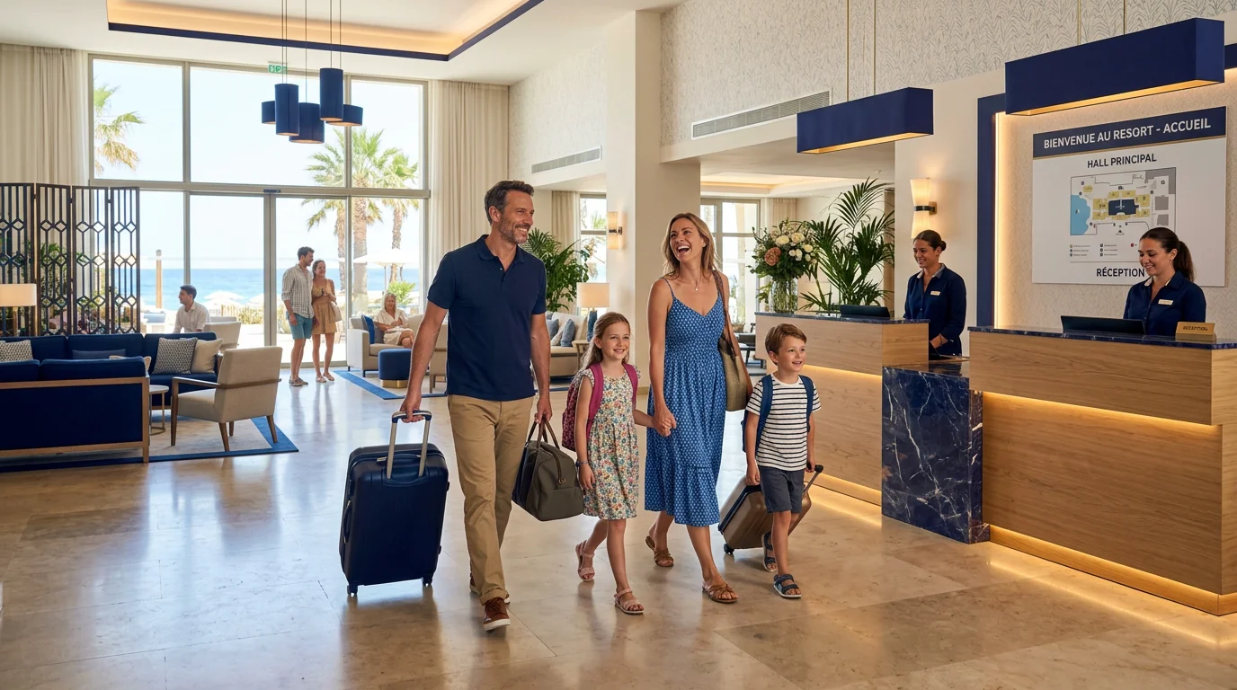 Famille européenne arrivant dans un resort tout compris réservé à la dernière minute