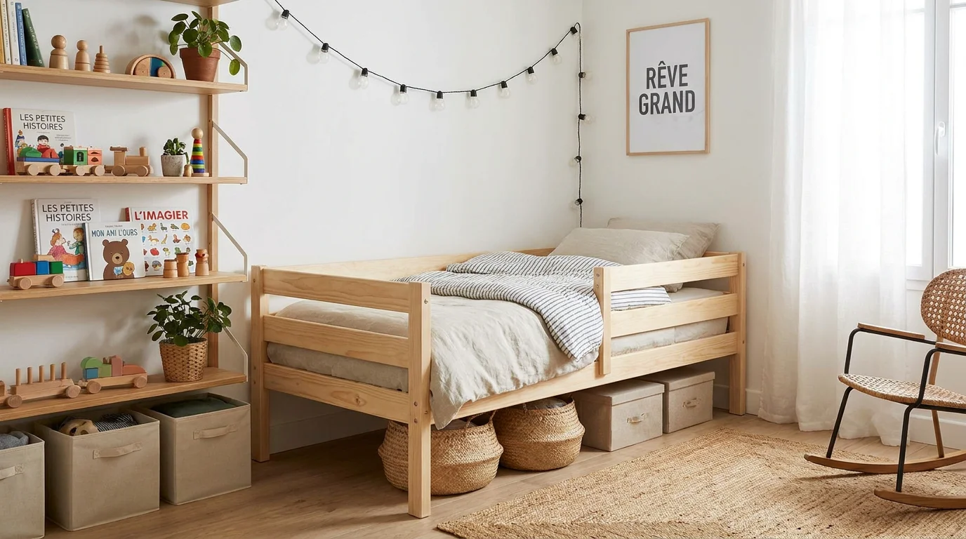 Petite chambre d'enfant optimisée avec mobilier compact en bois et rangements muraux
