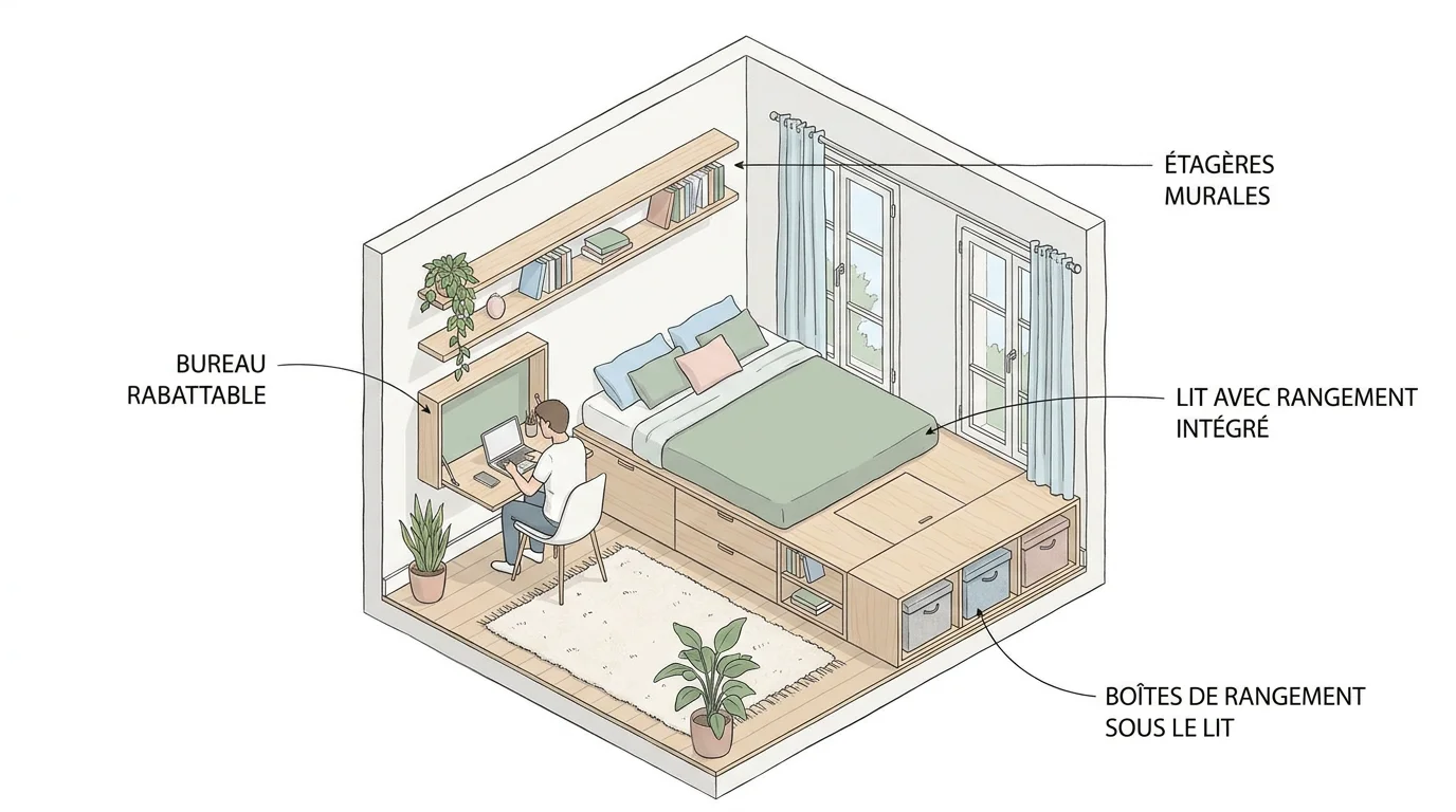 Illustration des solutions de mobilier gain de place pour petite chambre