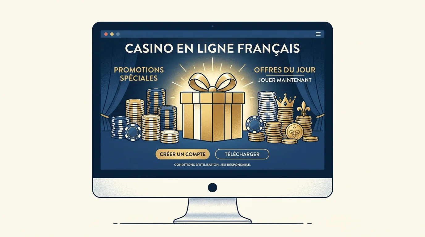 Illustration d'un bonus sans dépôt sur un casino en ligne avec jetons et pièces