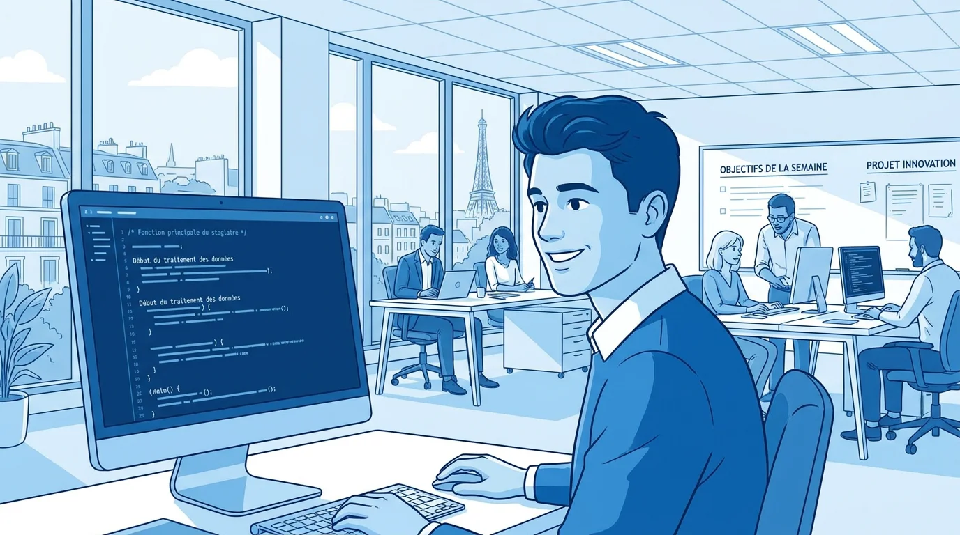 Stagiaire en informatique travaillant dans un open space moderne en France