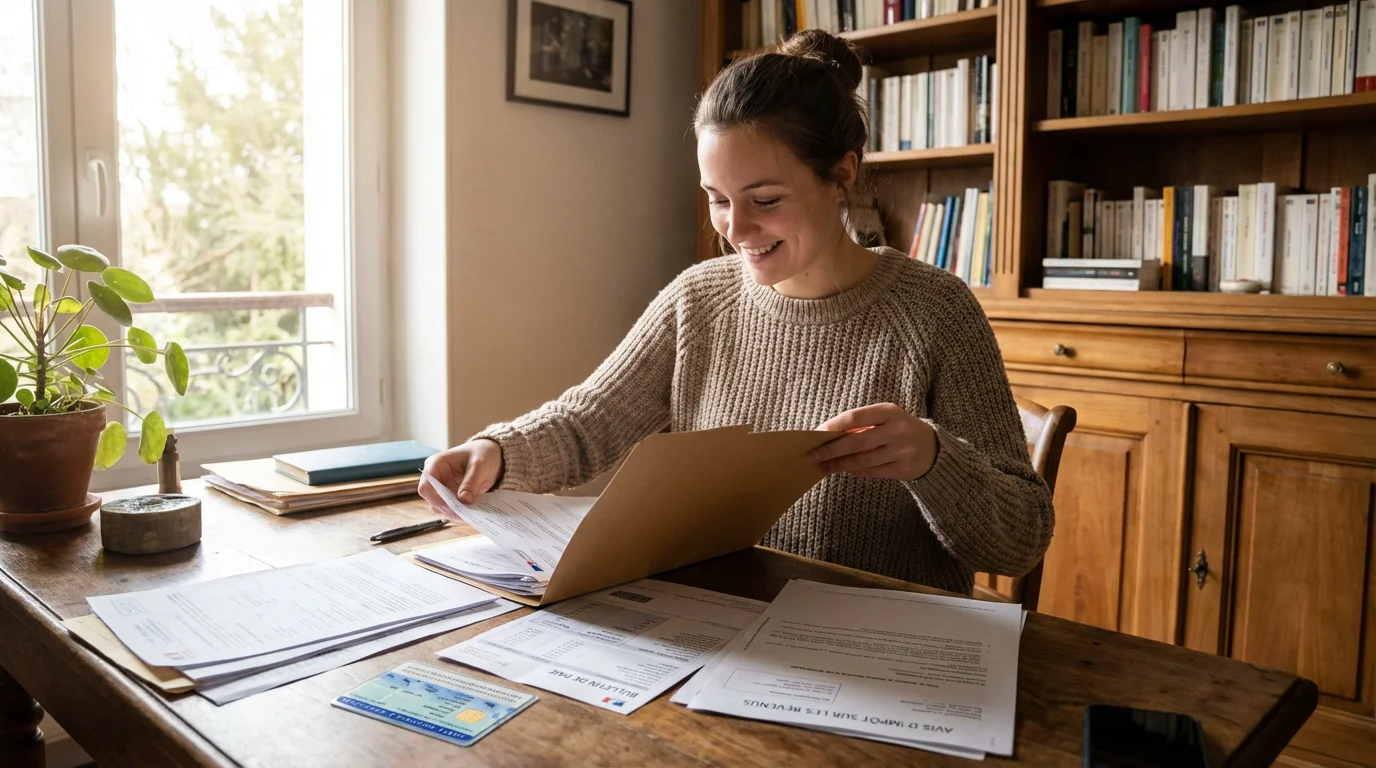 Jeune locataire préparant son dossier de documents pour la location d'un appartement
