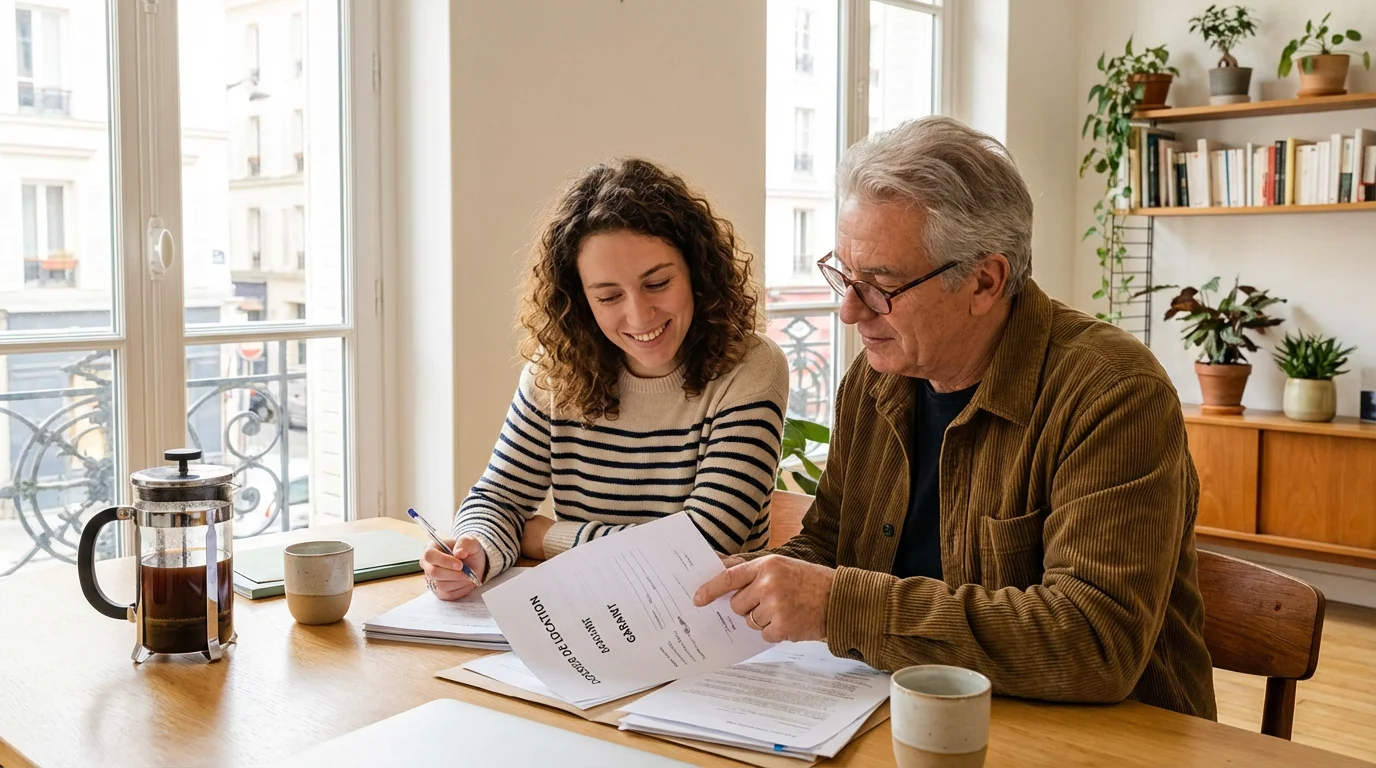 Garant aidant un jeune locataire à préparer les documents pour la location d'un appartement