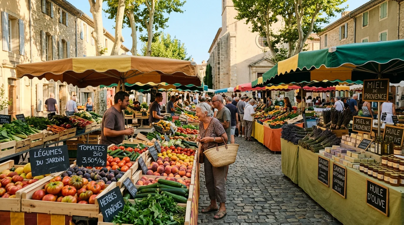 Étals colorés d'un marché paysan provençal le matin au Coustellet
