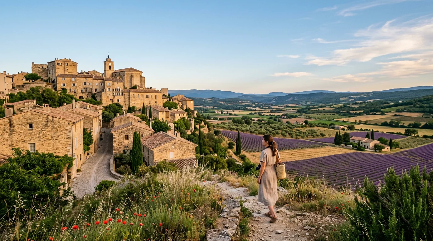 Village perché provençal en pierre dorée dominant les collines du Luberon