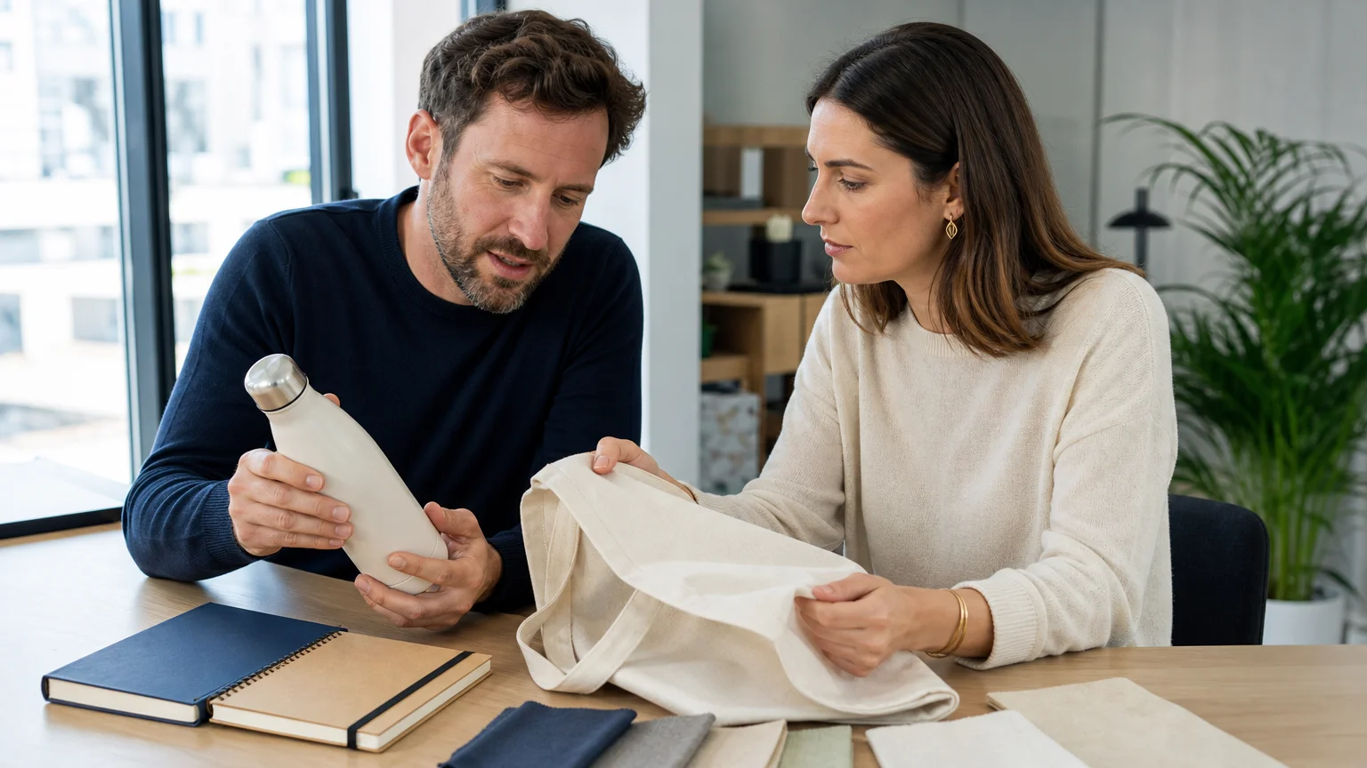Des professionnels examinent des échantillons d’objets publicitaires
