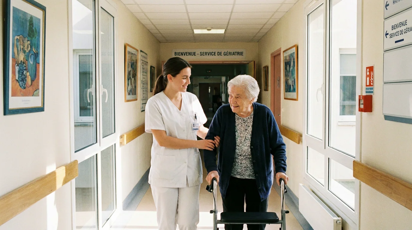 Aide-soignante en alternance accompagnant une patiente âgée dans un établissement de soins en France