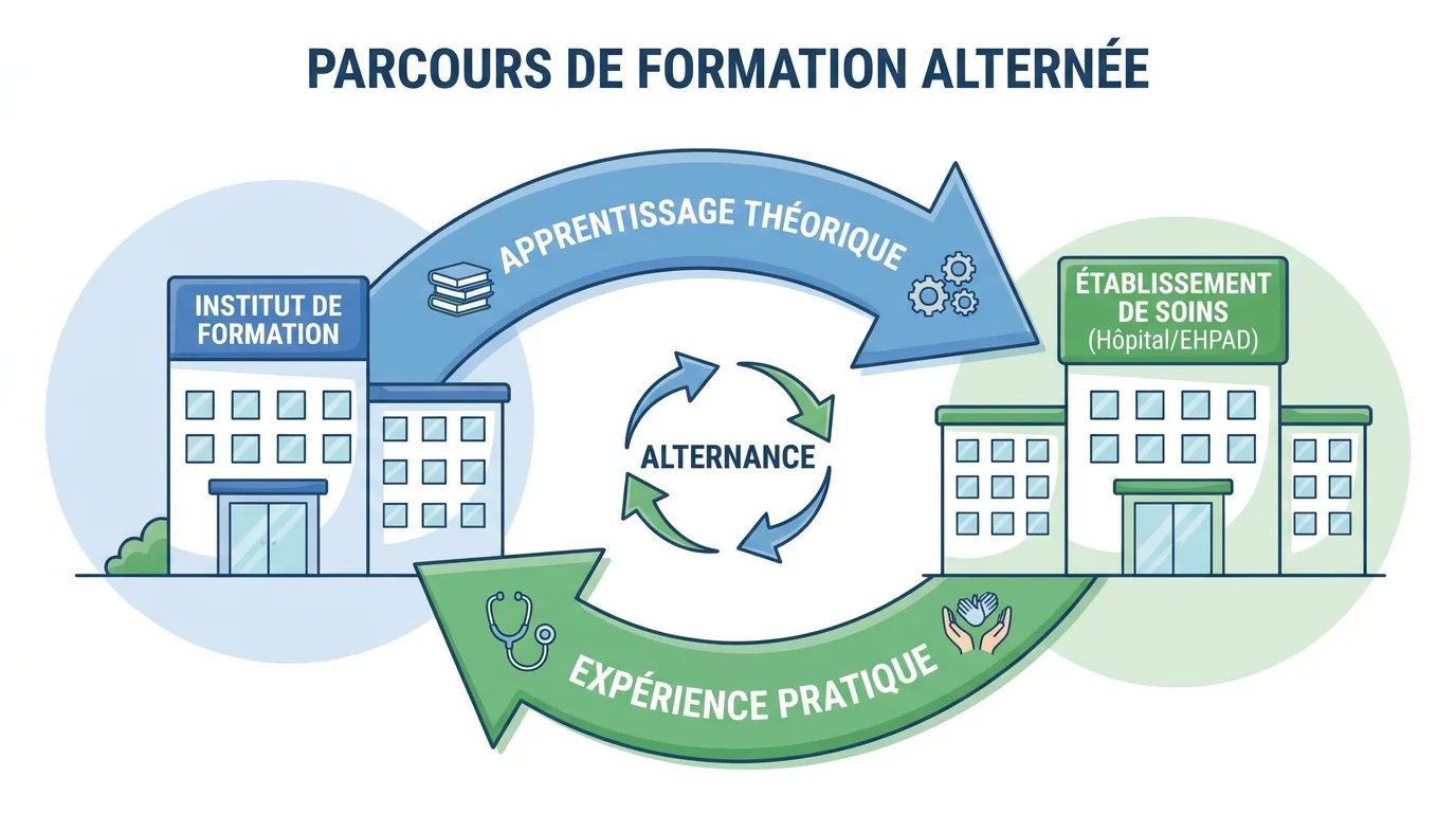 Schéma illustrant le parcours de formation DEAS en alternance entre institut et établissement de soins