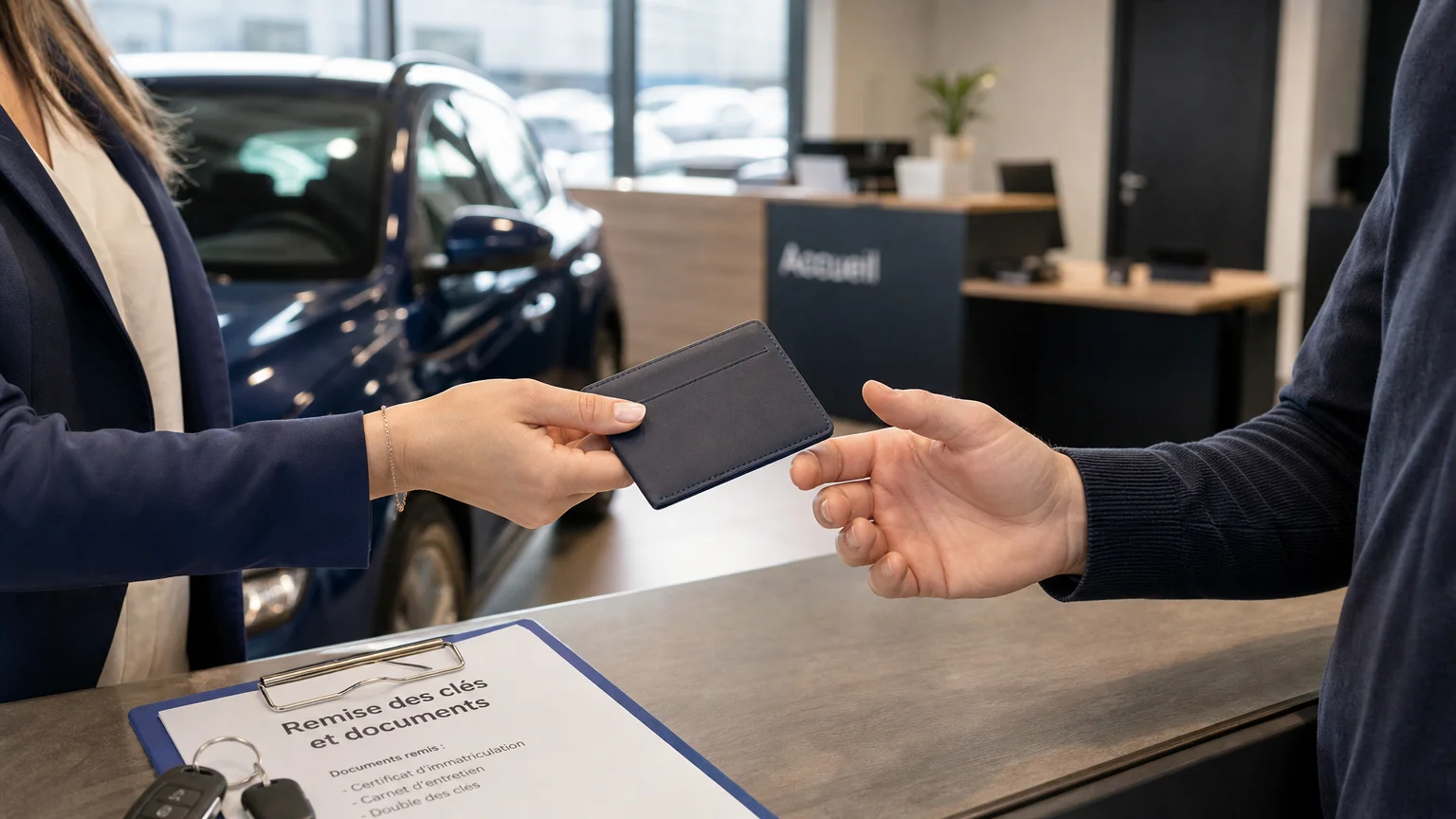 Remise d’un porte-carte grise personnalisé lors de la livraison d’un véhicule