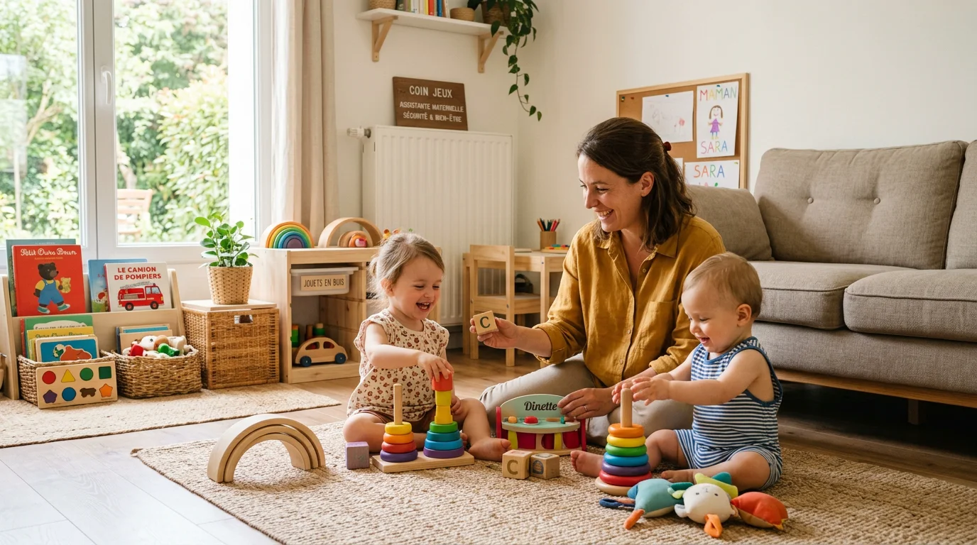 Assistante maternelle jouant avec deux jeunes enfants dans un salon aménagé