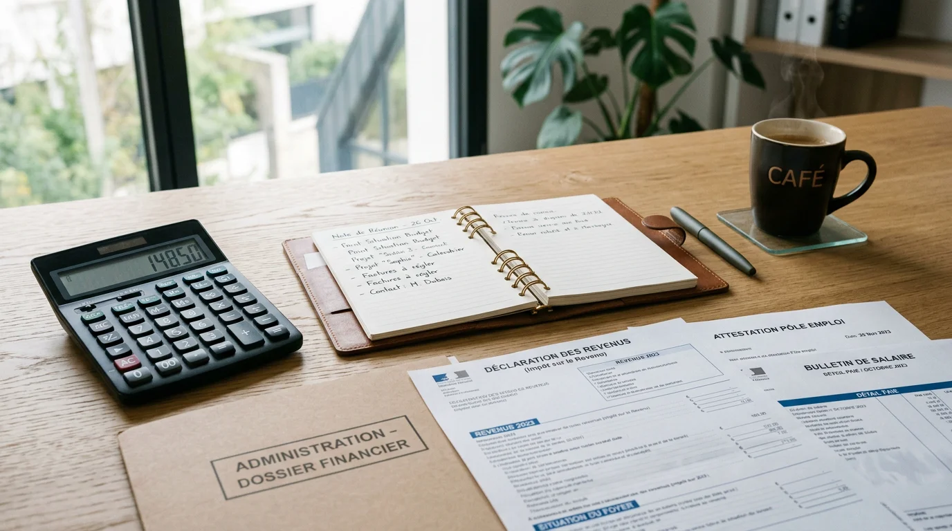 Bureau avec calculatrice et documents pour estimer le coût d'une garde