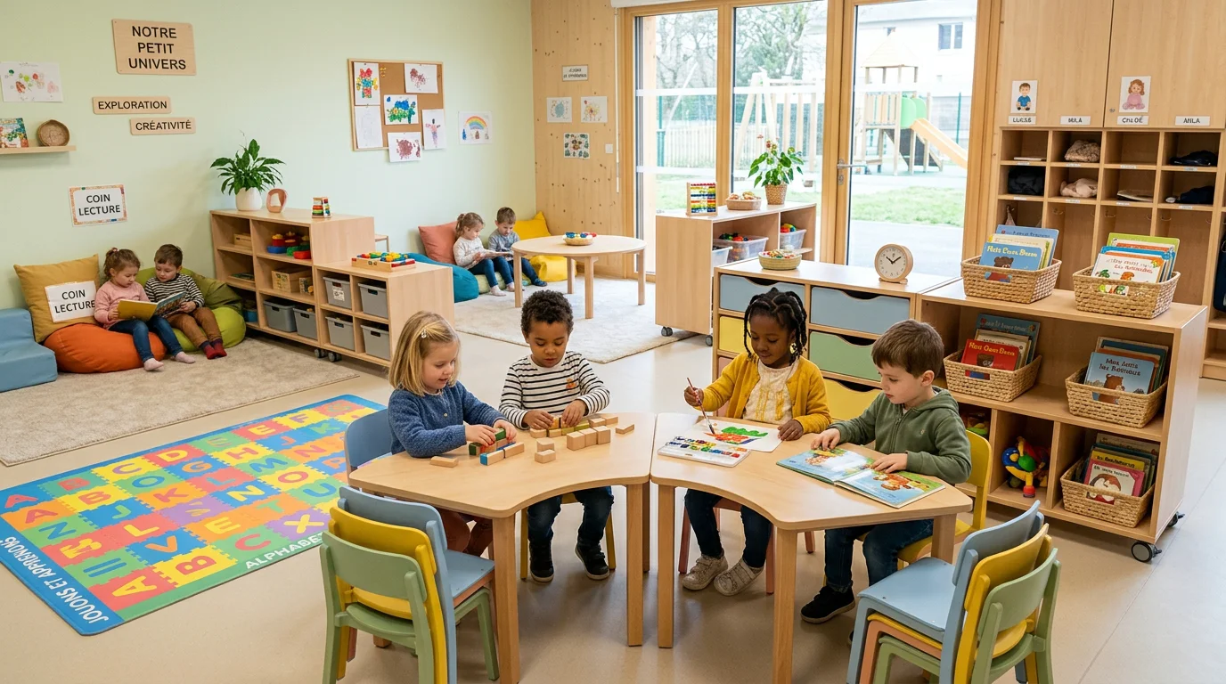 Salle de classe flexible pour jeunes enfants avec tables modulables et rangements mobiles