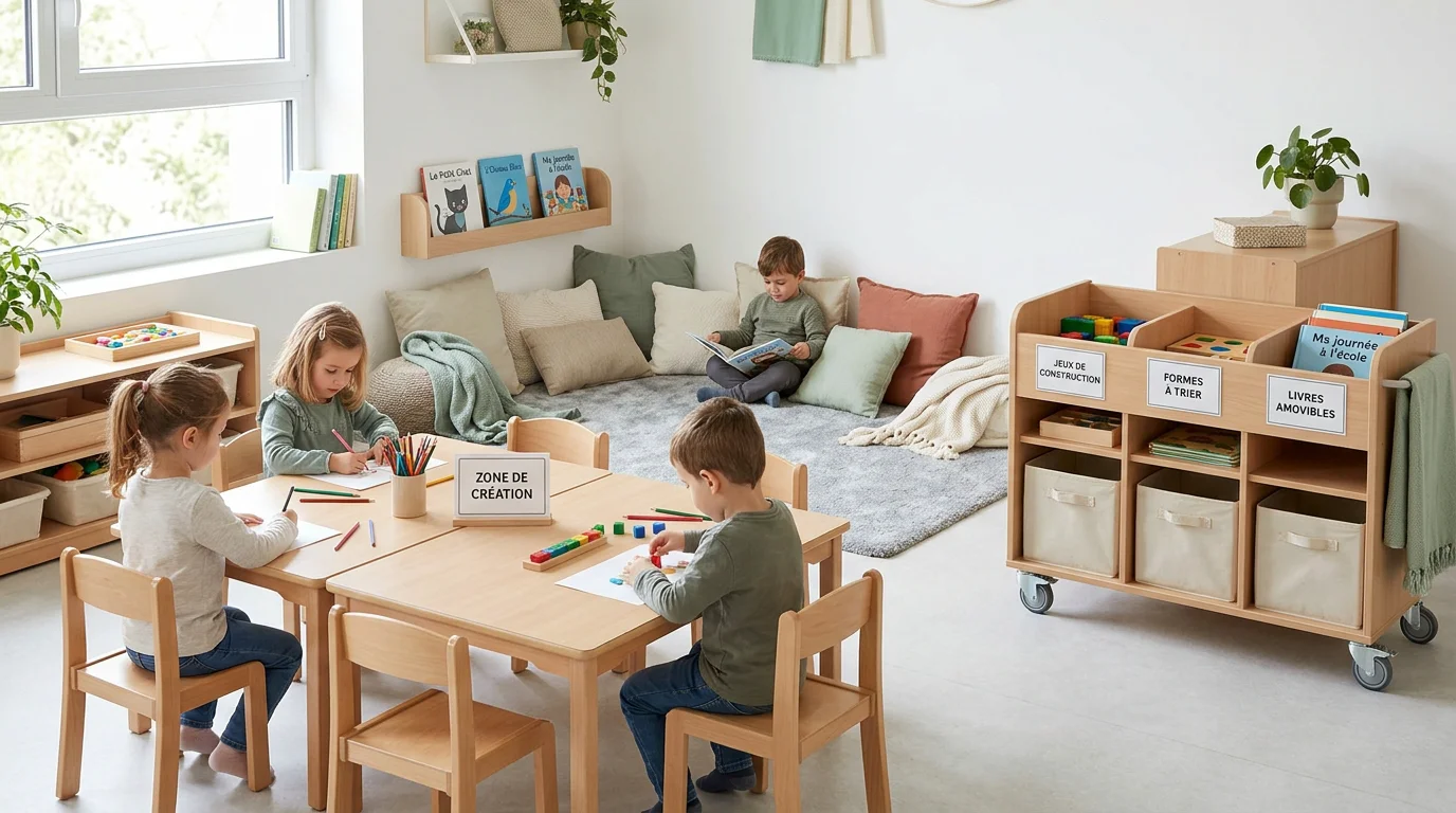 Zones d'apprentissage d'une classe flexible avec coin lecture et rangements mobiles