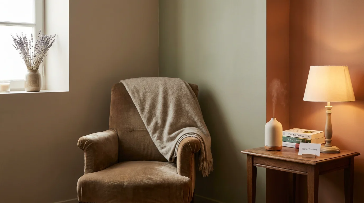 Cabinet de thérapeute holistique en France avec diffuseur d'huiles essentielles et ambiance apaisante entre deux séances
