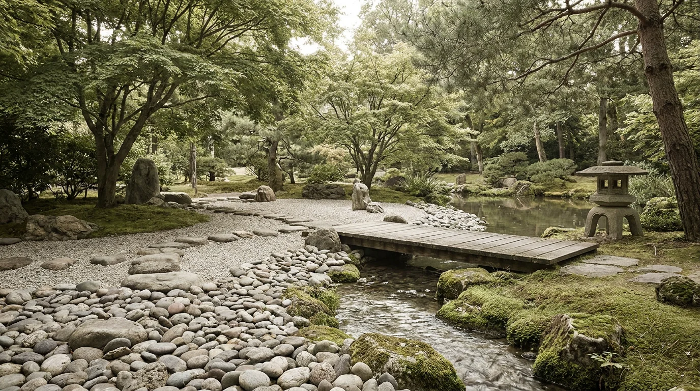 Jardin zen japonais évoquant la sérénité et l'équilibre, symbolisant les origines du reiki