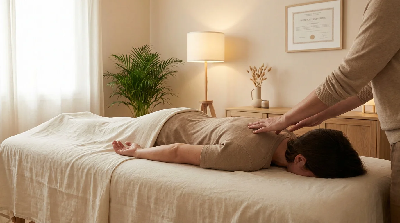 Salle de consultation apaisante avec un praticien pratiquant une séance de reiki