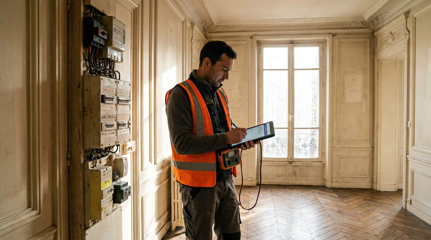 Diagnostiqueur immobilier certifié inspectant une installation électrique dans un logement ancien