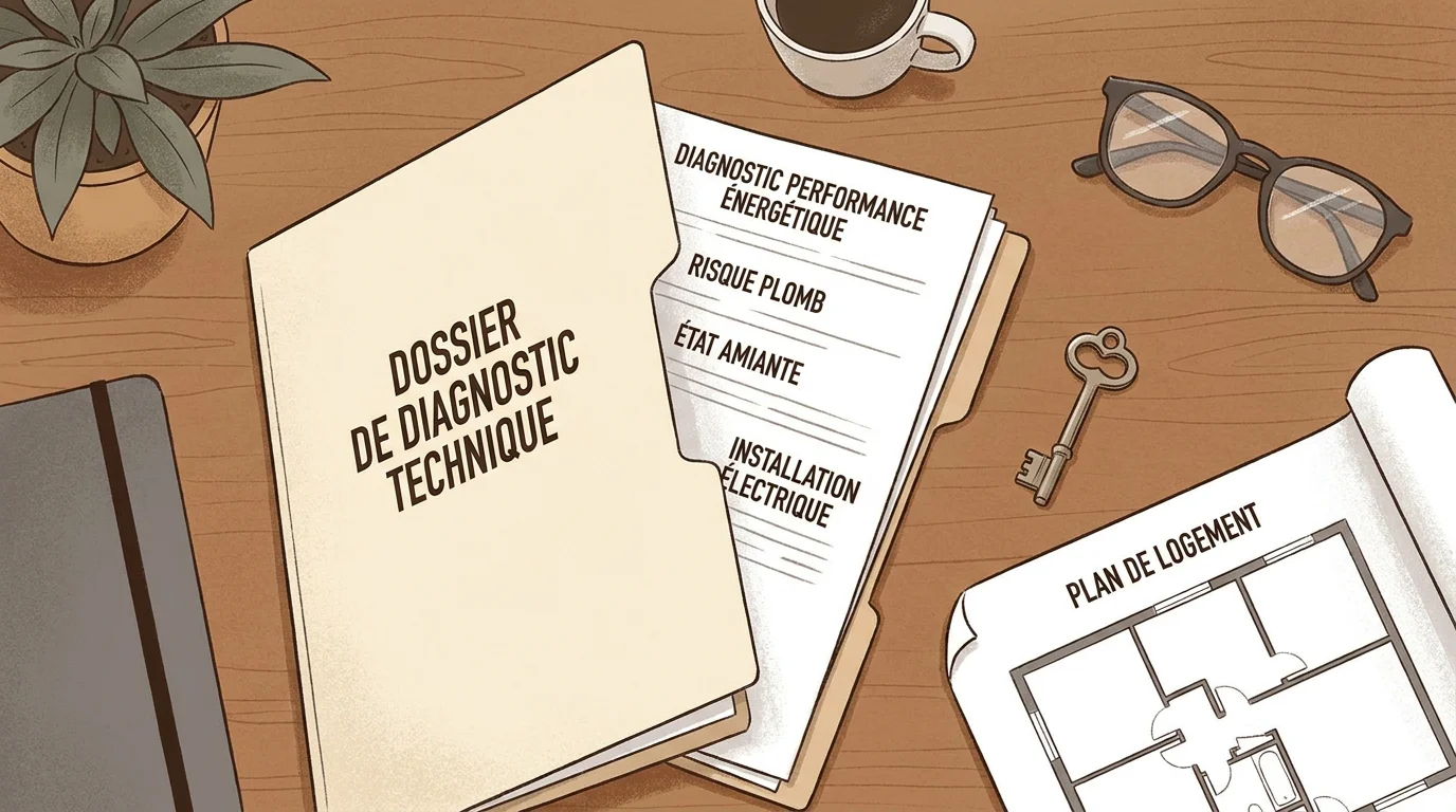 Dossier de diagnostic technique ouvert sur un bureau avec clé de maison et plan de logement