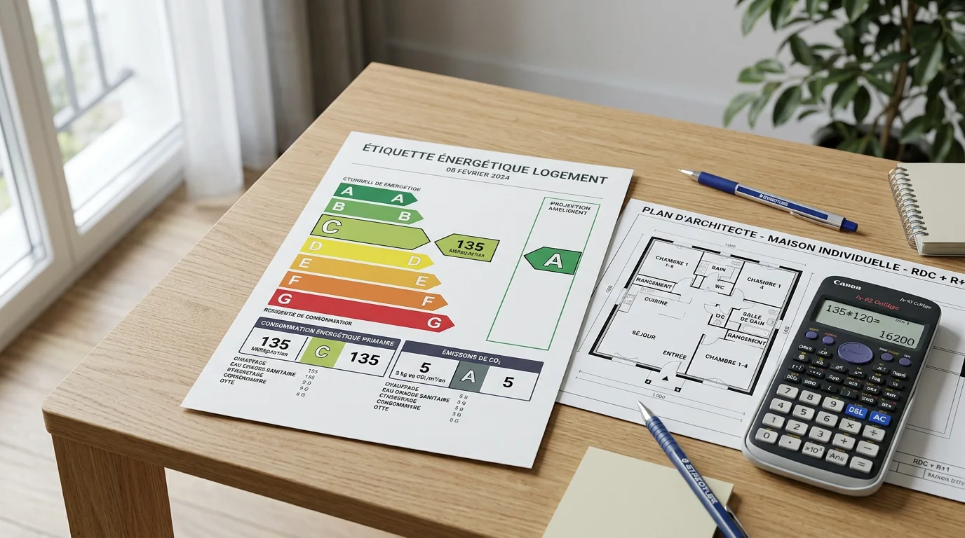 Étiquette énergétique DPE avec dégradé de couleurs posée sur un bureau