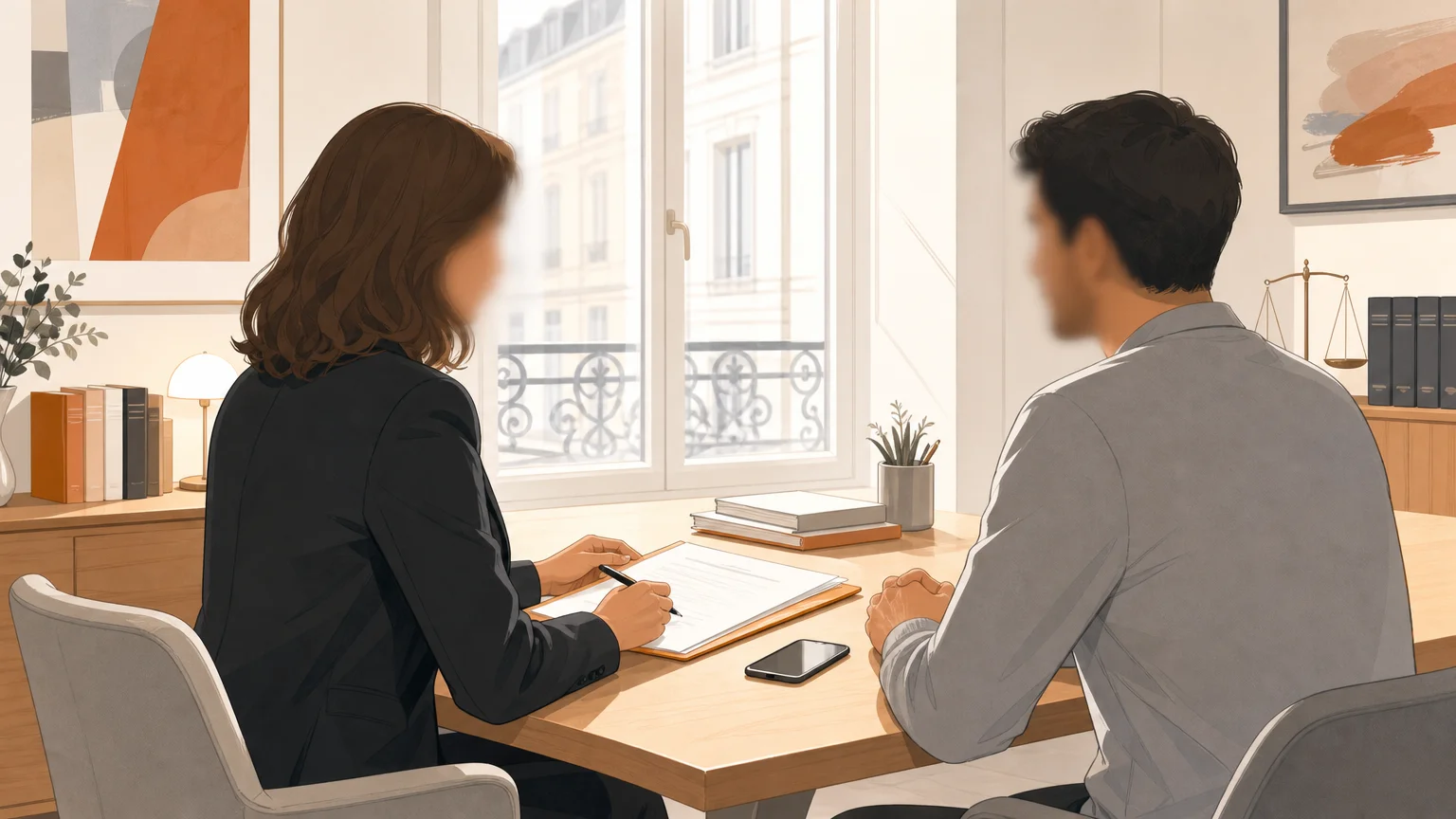 Échange entre un client et un avocat autour d’un dossier de garde à vue dans un bureau juridique.