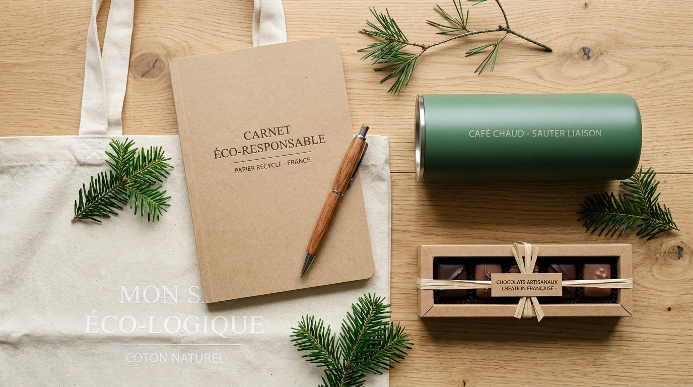 Assortiment de cadeaux clients éco-responsables personnalisables disposés à plat sur un plan en bois
