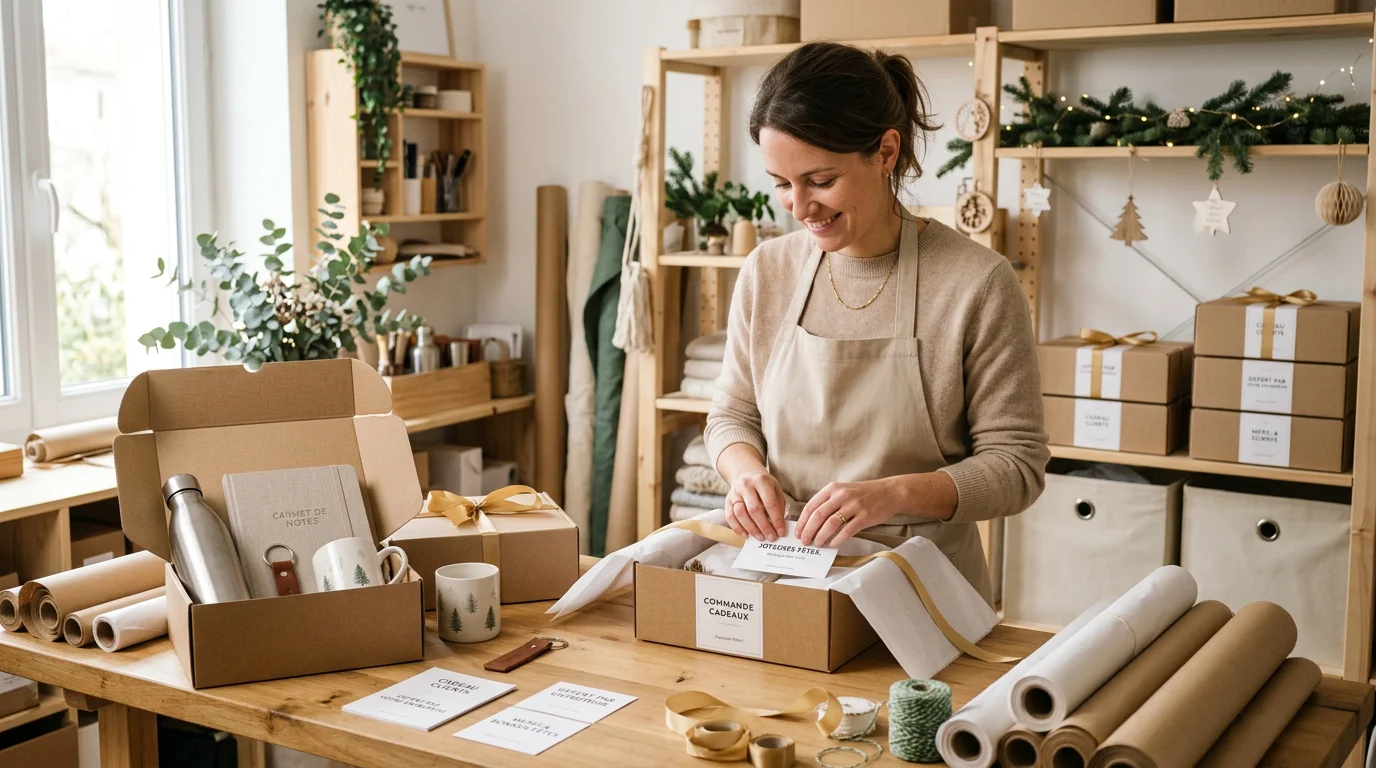 Préparation et emballage de coffrets cadeaux d'entreprise dans un atelier lumineux