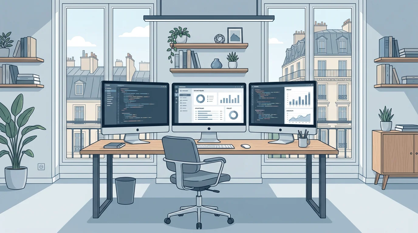 Espace de travail informatique moderne avec écrans affichant du code et des tableaux de bord