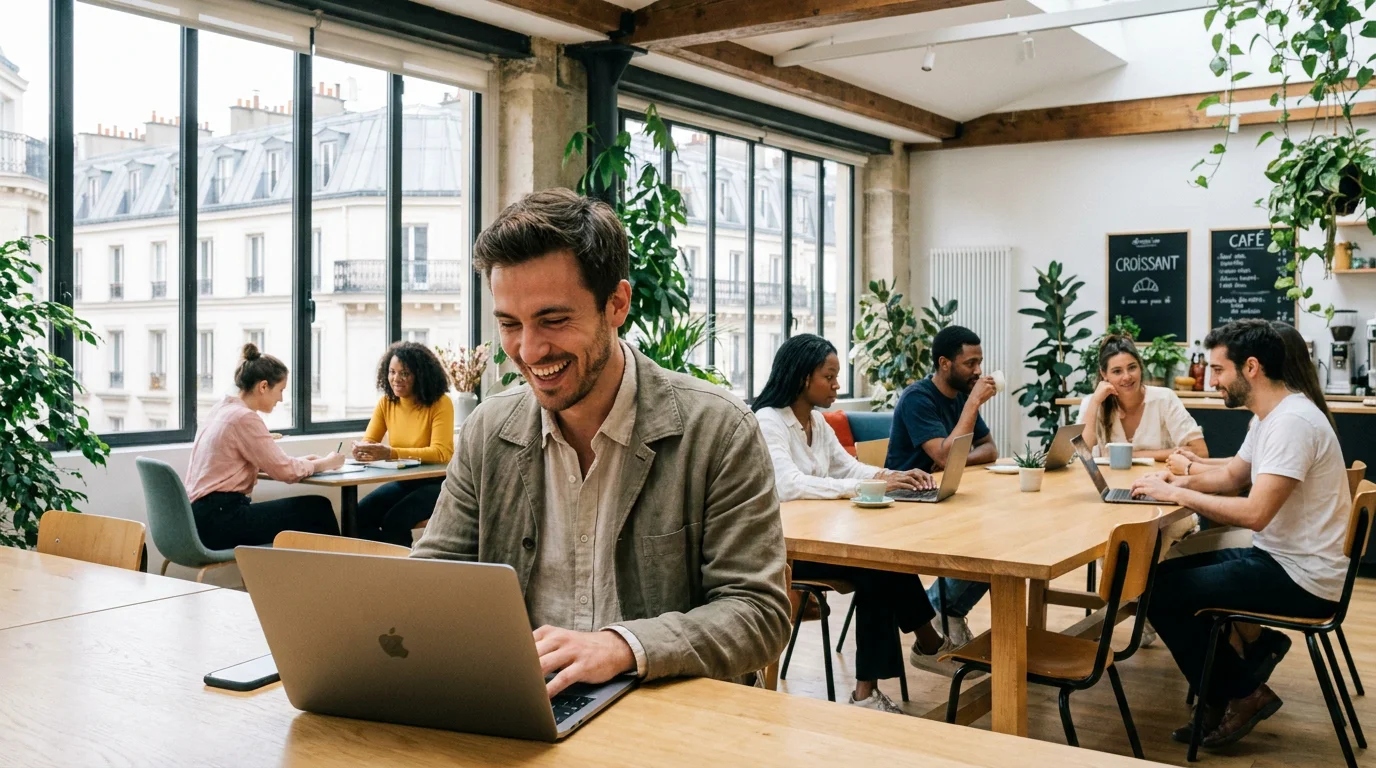 Jeune professionnel travaillant sur ordinateur portable dans un espace de coworking moderne en France