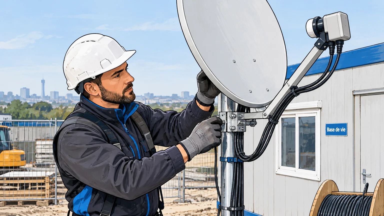 Installation d’une antenne satellite sur un chantier temporaire