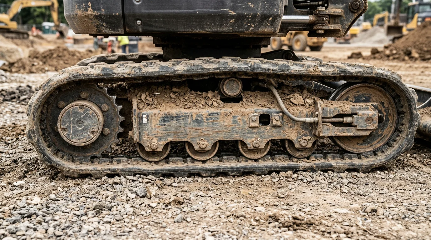 Vue rapprochée du train de roulement d'une mini-pelle avec chenille, barbotin et galets