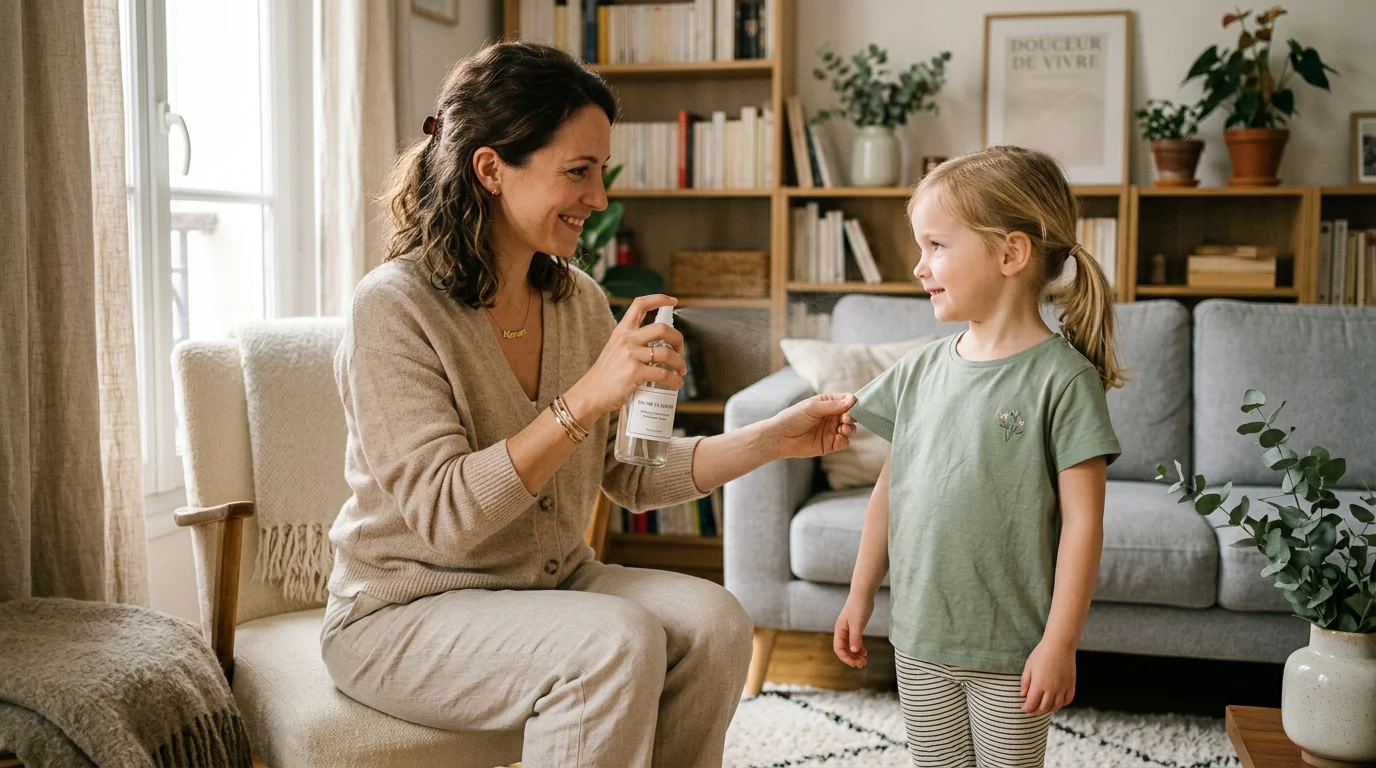 Parent vaporisant une eau de senteur sur le vêtement d'un jeune enfant