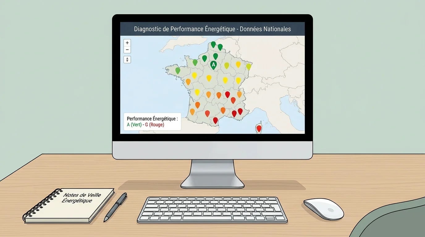 Carte interactive DPE affichée sur un écran d'ordinateur avec les classes énergétiques en couleurs