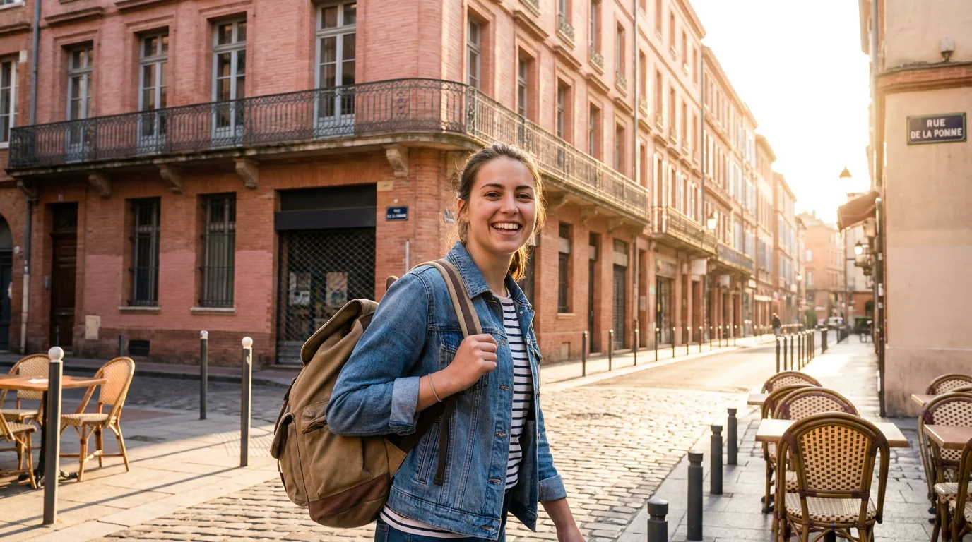 Étudiant marchant dans une rue ensoleillée de Toulouse avec des bâtiments en brique rose