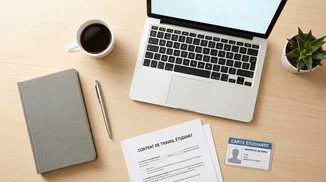 Bureau étudiant avec contrat de travail, carte étudiante, stylo et ordinateur portable