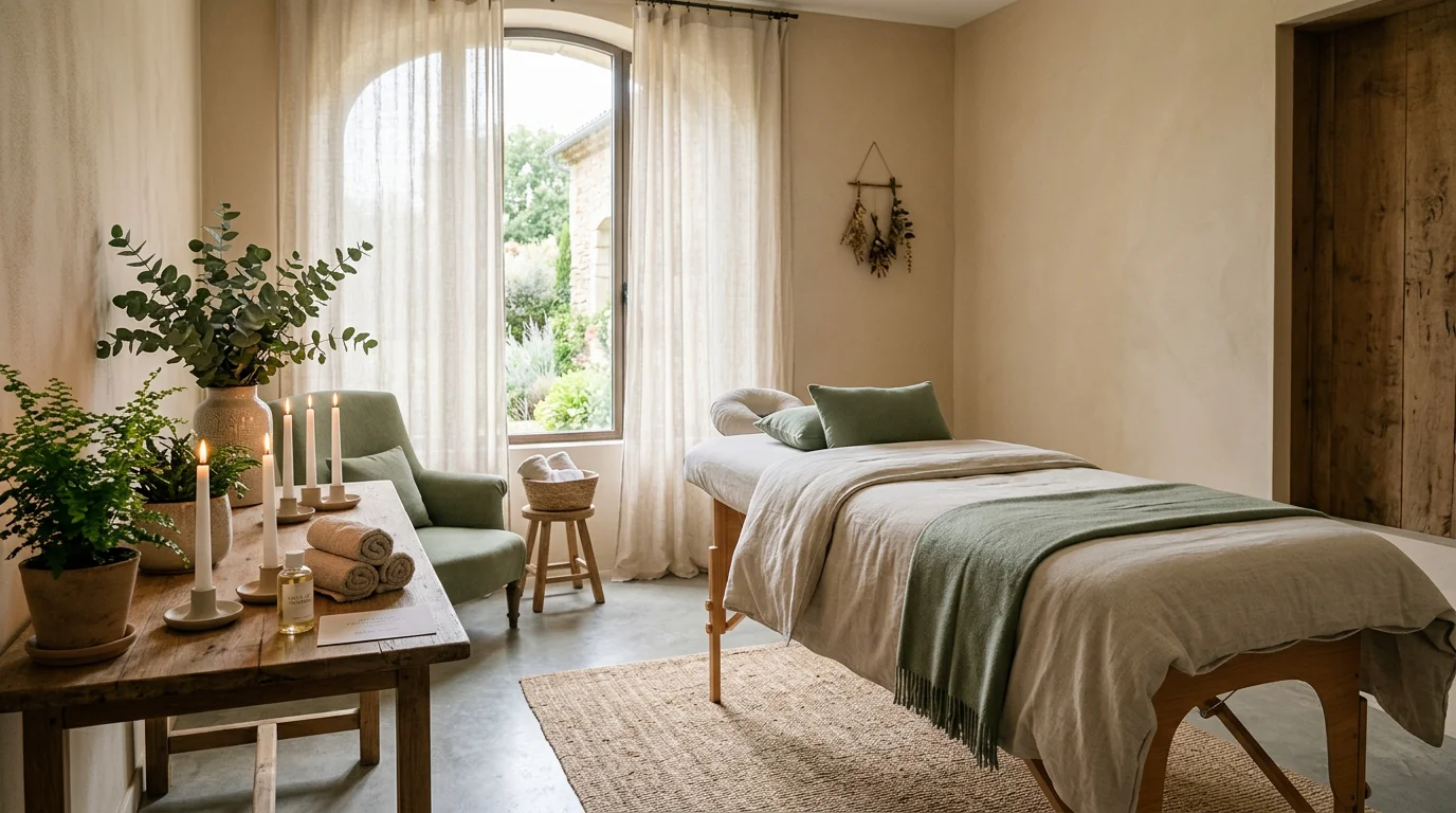 Espace de spa apaisant avec table de massage et lumière naturelle