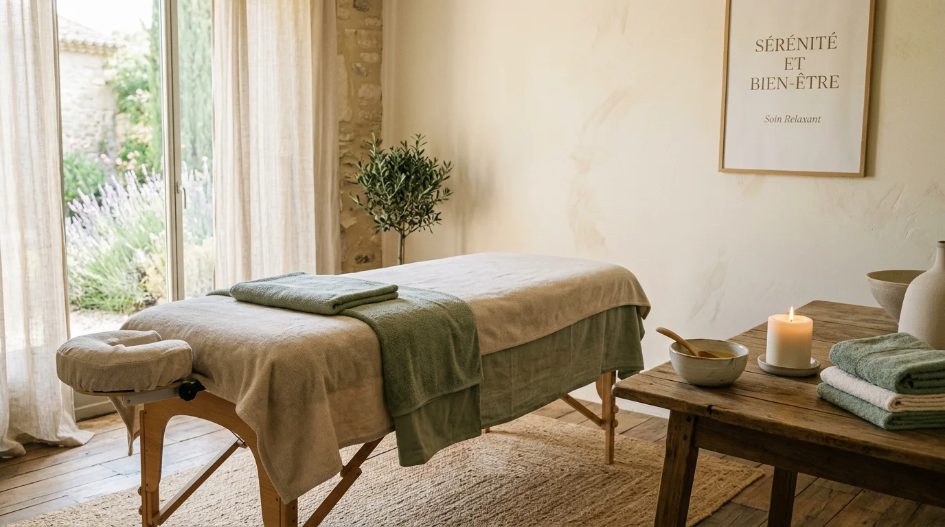 Salle de massage apaisante avec table en bois et huiles naturelles