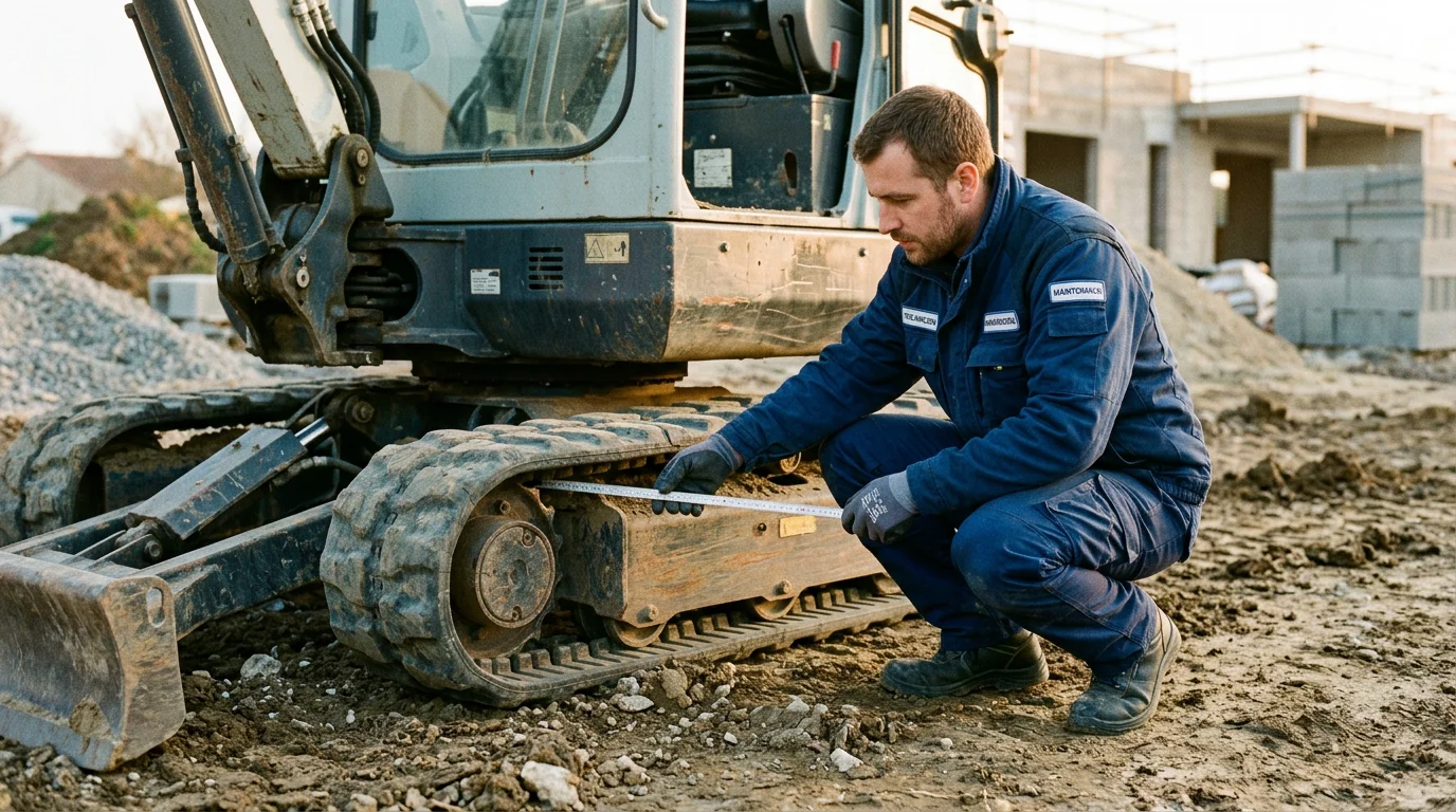 Technicien vérifiant la chenille et le barbotin d'une mini-pelle sur un chantier
