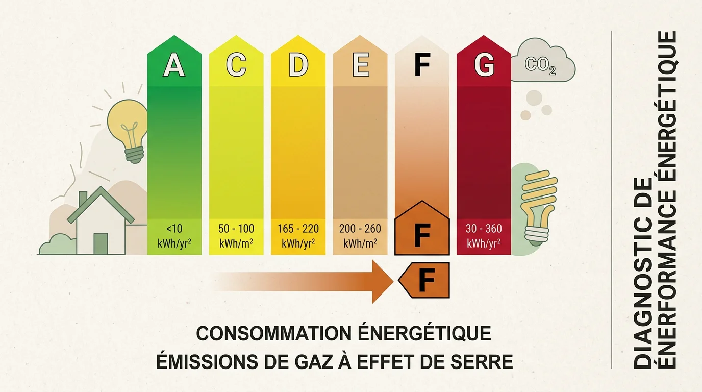 Étiquette DPE mettant en évidence la classe énergétique F