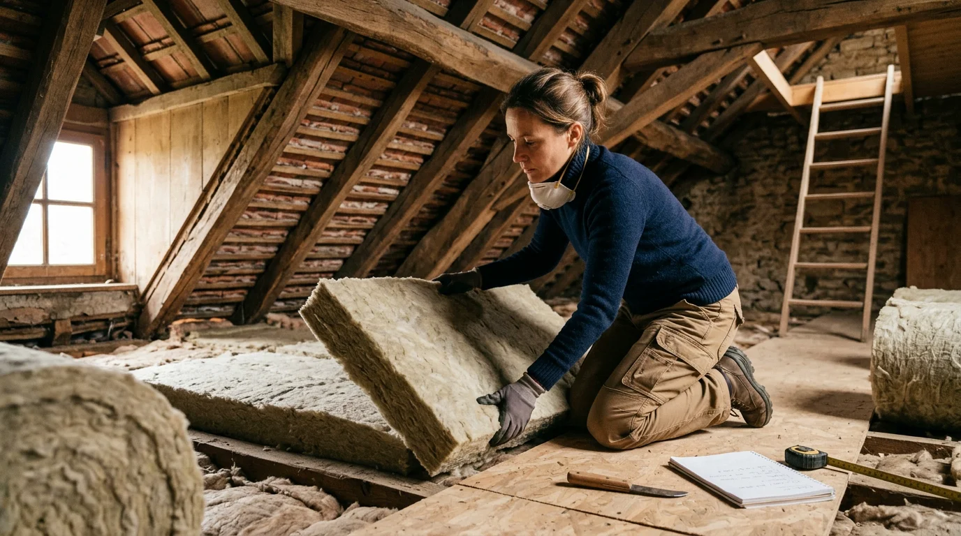 Artisan posant une isolation thermique dans des combles pour améliorer le DPE