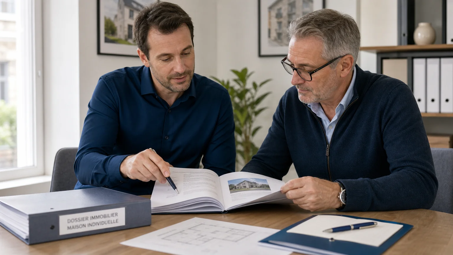 Un agent immobilier et un propriétaire examinent ensemble un dossier documentaire