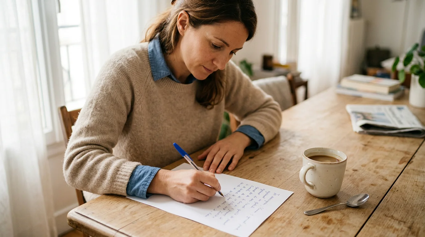 Parent employeur rédigeant à la main une attestation d'absence pour son assistante maternelle