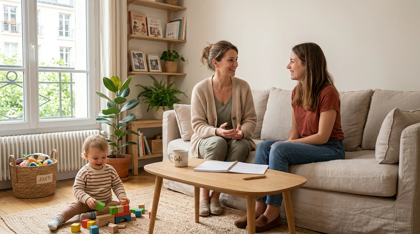Assistante maternelle et parent employeur échangeant au sujet d'une absence de garde