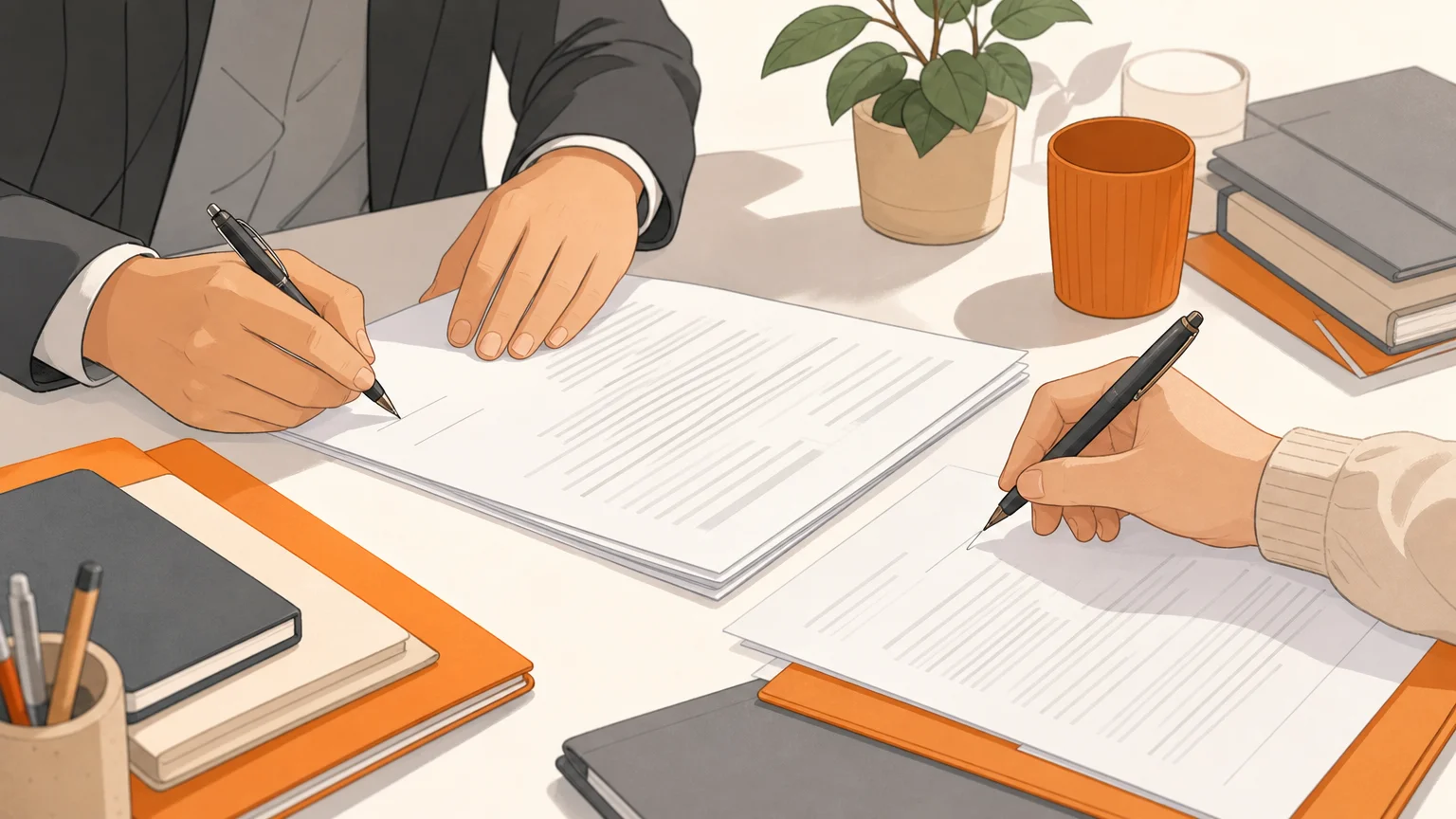 Mains non identifiables signant des documents juridiques sur un bureau clair.