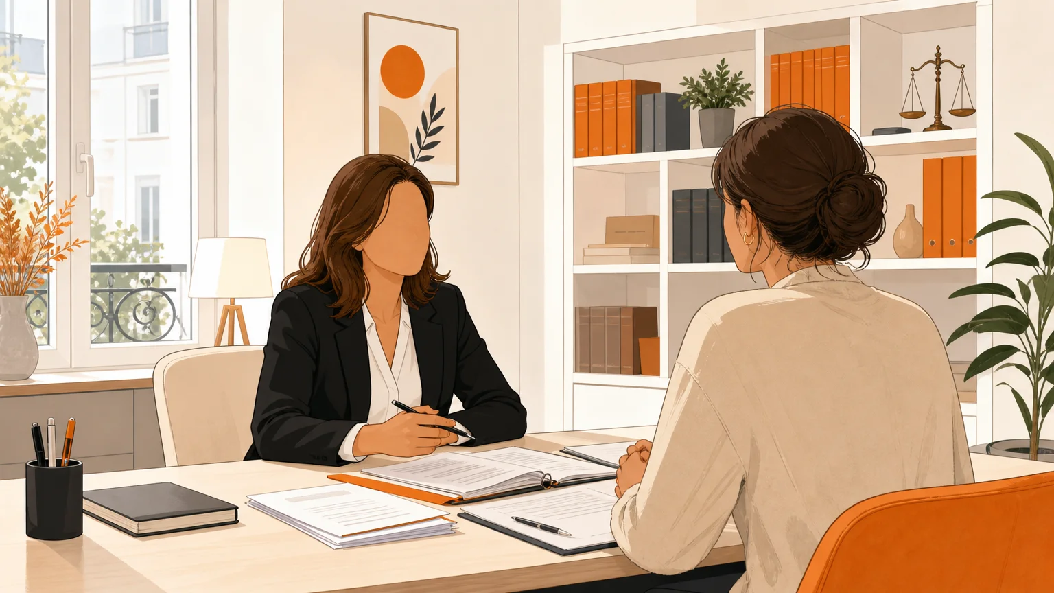 Échange confidentiel dans un bureau juridique autour de documents de divorce.