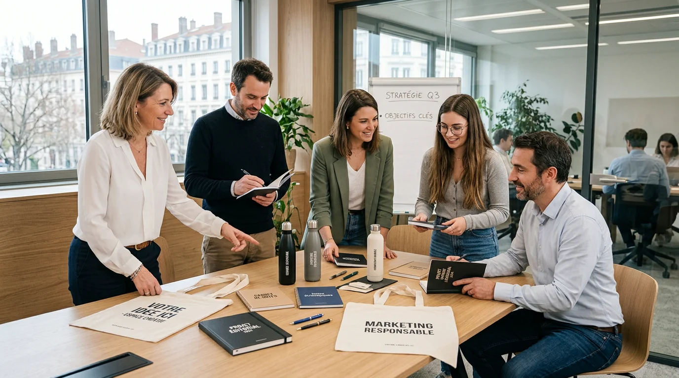 Équipe marketing sélectionnant des objets publicitaires personnalisés en réunion