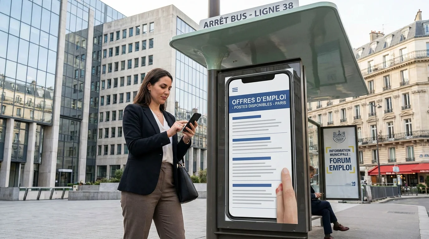 Candidat recherchant des missions d'intérim sur son téléphone dans le Val-d'Oise