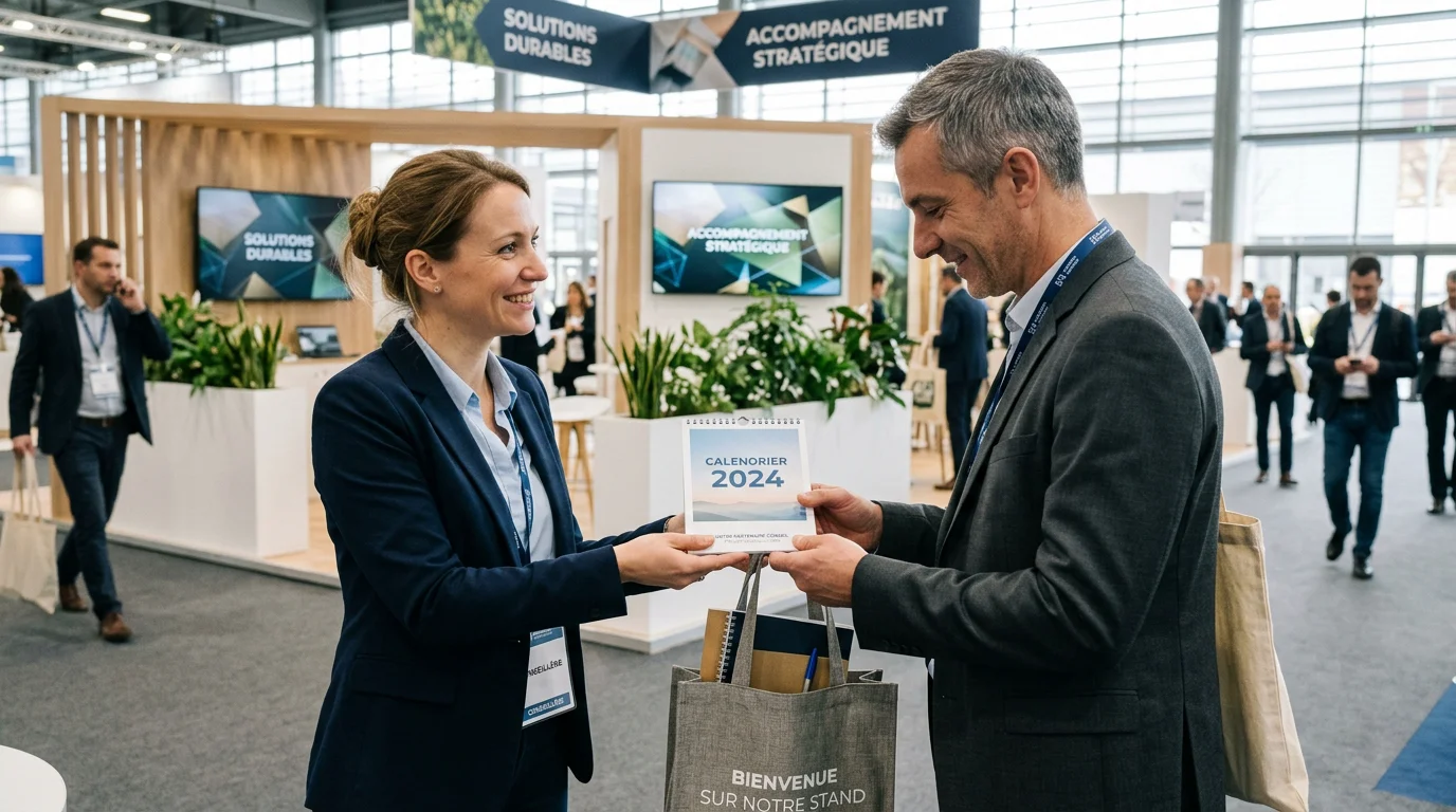 Distribution d'un petit calendrier personnalisé sur un stand de salon professionnel