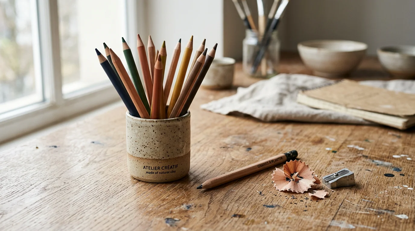 Crayons de couleur en bois et crayon à graines éco-conçus sur un plan de travail en matériaux recyclés